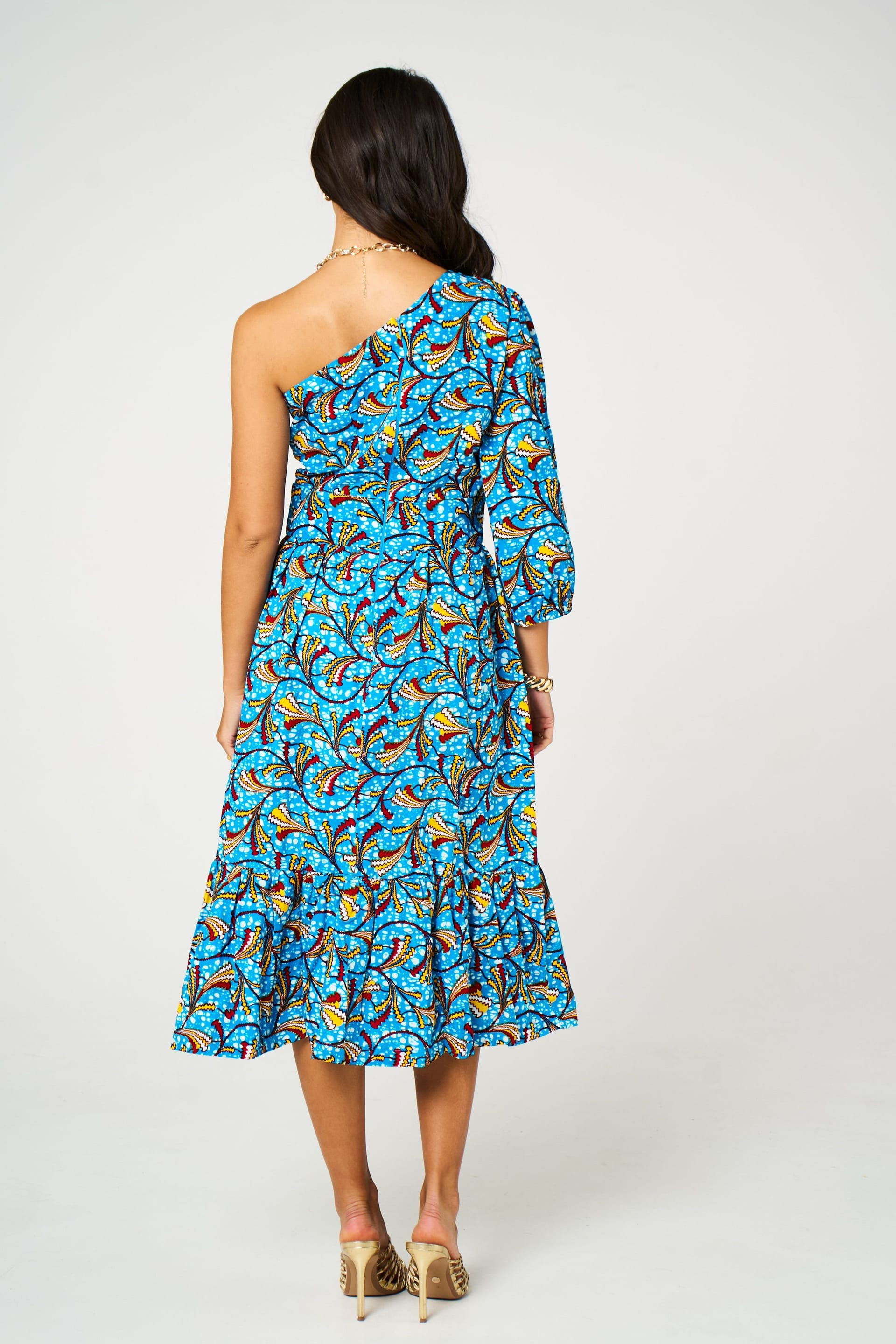 Dals Hart Dals Hart Women's Nina Blue Floral One Shoulder Tiered Midi Dress in Bright Blue - 4
