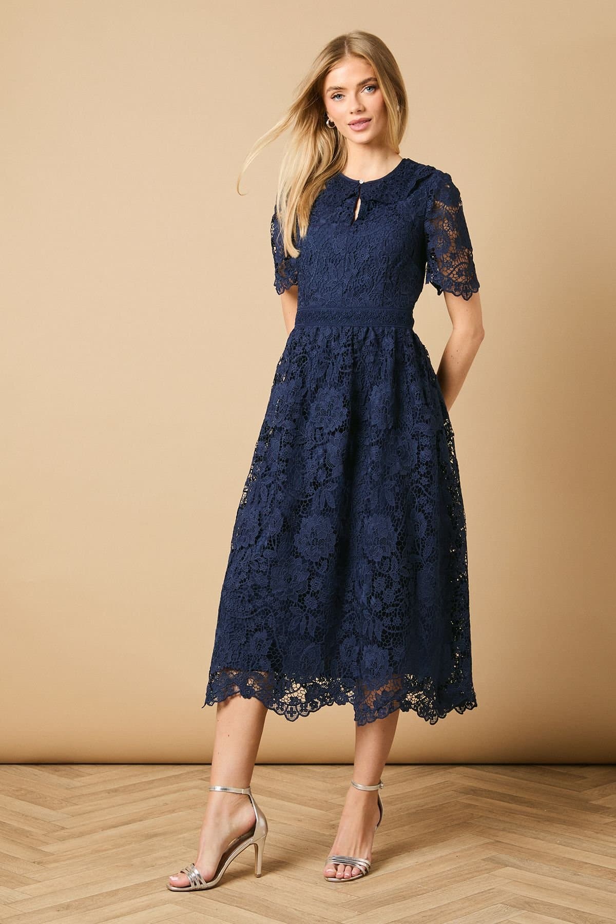 Oasis Oasis Women's Occasion Lace Collared Midi Dress in Navy