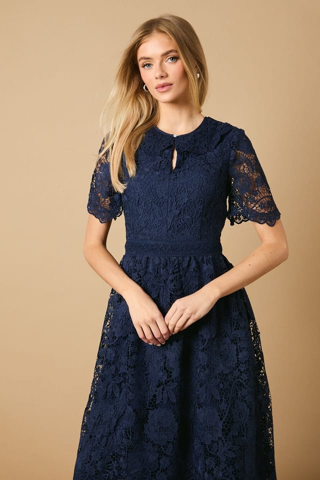 Oasis Oasis Women's Occasion Lace Collared Midi Dress in Navy - 2