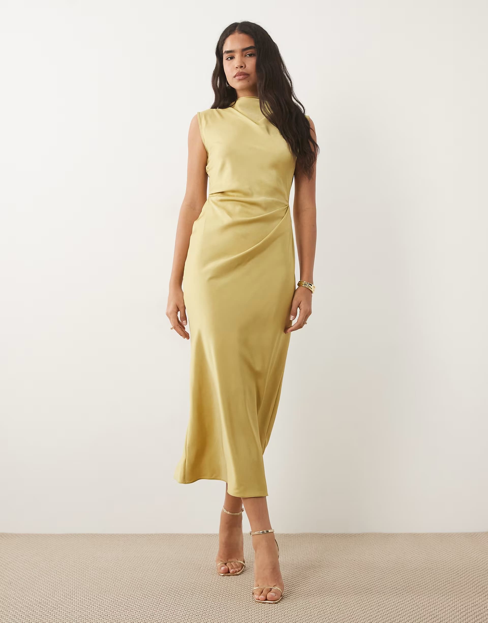 ASOS ASOS DESIGN satin high neck pleated bodice midi dress in light green