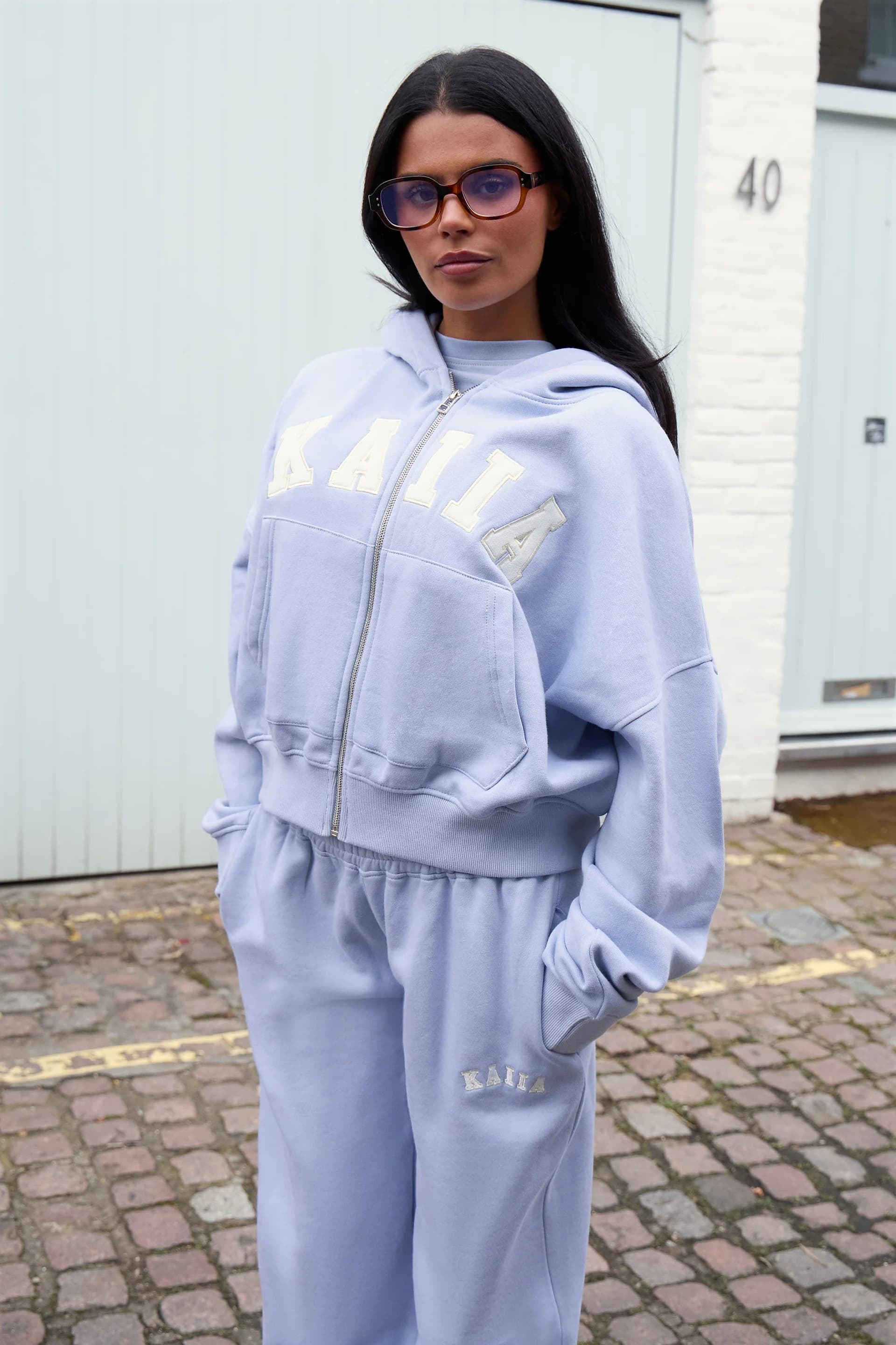 Kaiia Kaiia Slogan Oversized Zip Through Hoodie Soft Blue & White