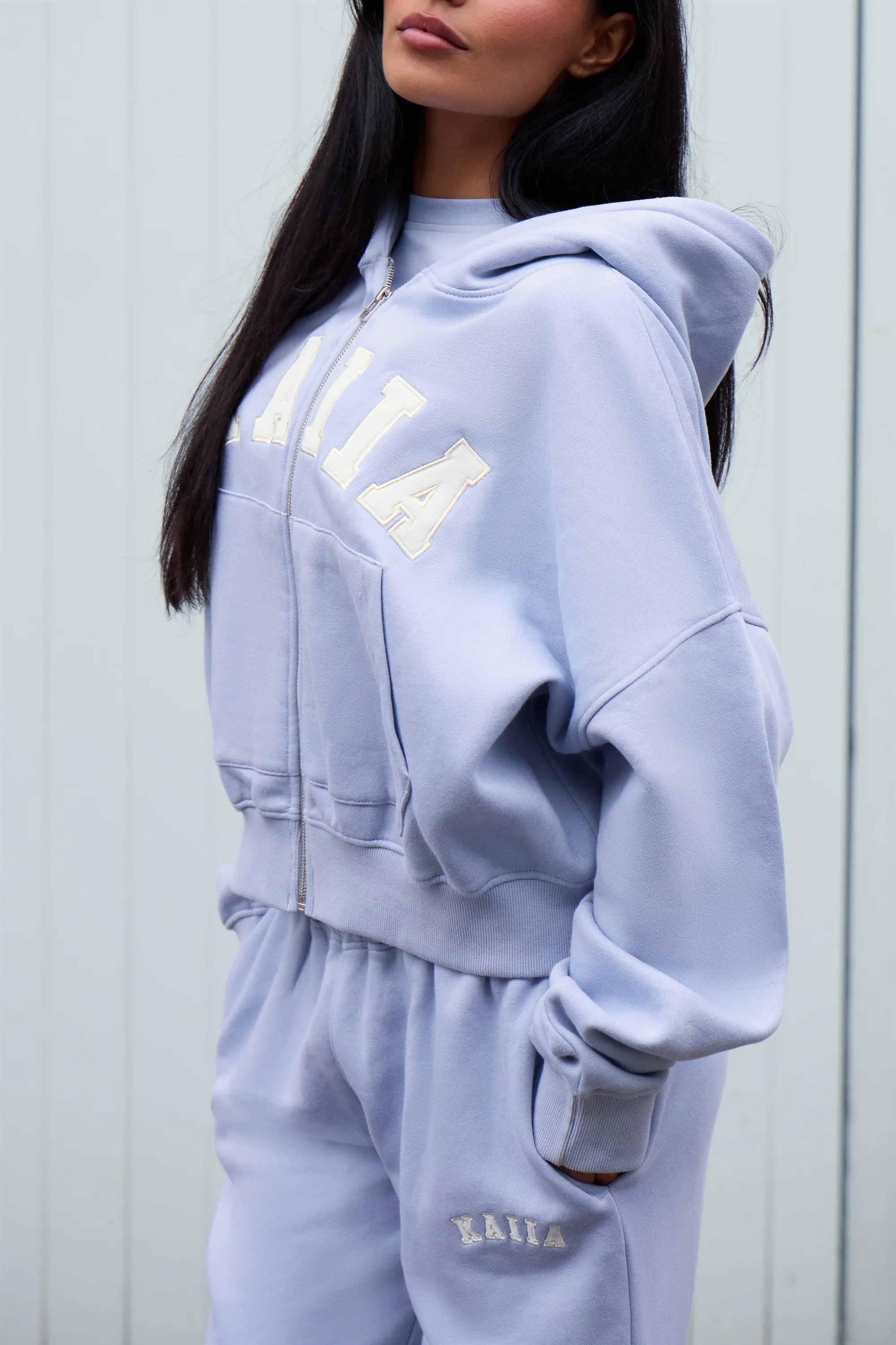 Kaiia Kaiia Slogan Oversized Zip Through Hoodie Soft Blue & White - 2