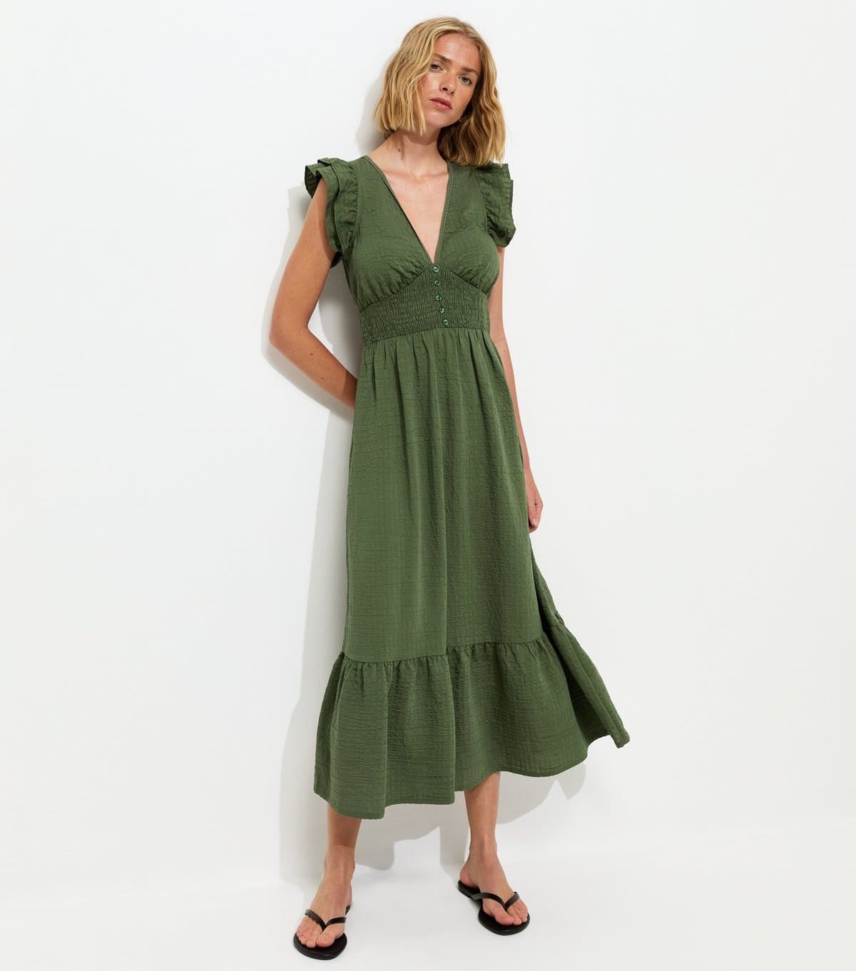 New Look Women's Green Ruffled Cap Sleeve Midi Dress New Look