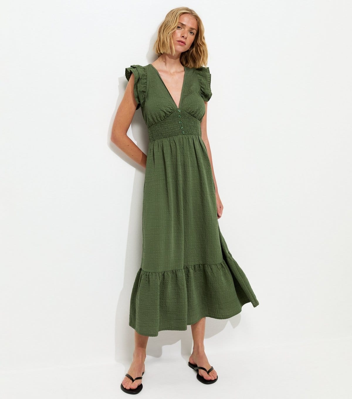 Women's Green Ruffled Cap Sleeve Midi Dress New Look