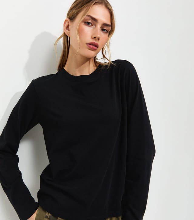 New Look Women's Black Cotton Relaxed Crew Neck Long Sleeve Top New Look - 2