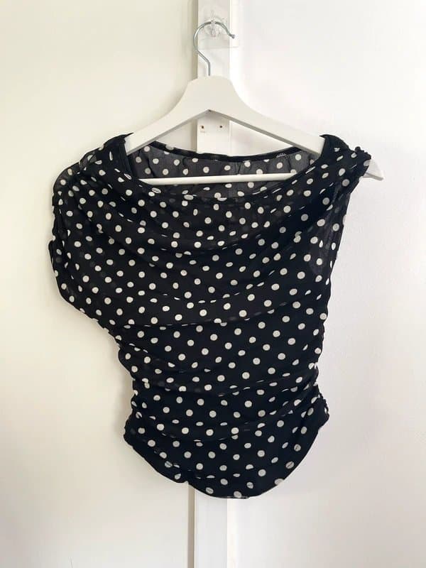 tiktok shop Tiktok Shop Polka Dot Off-Shoulder Crop Top, Sheer Mesh Ruched Blouse Women’s Size UK S Bnip