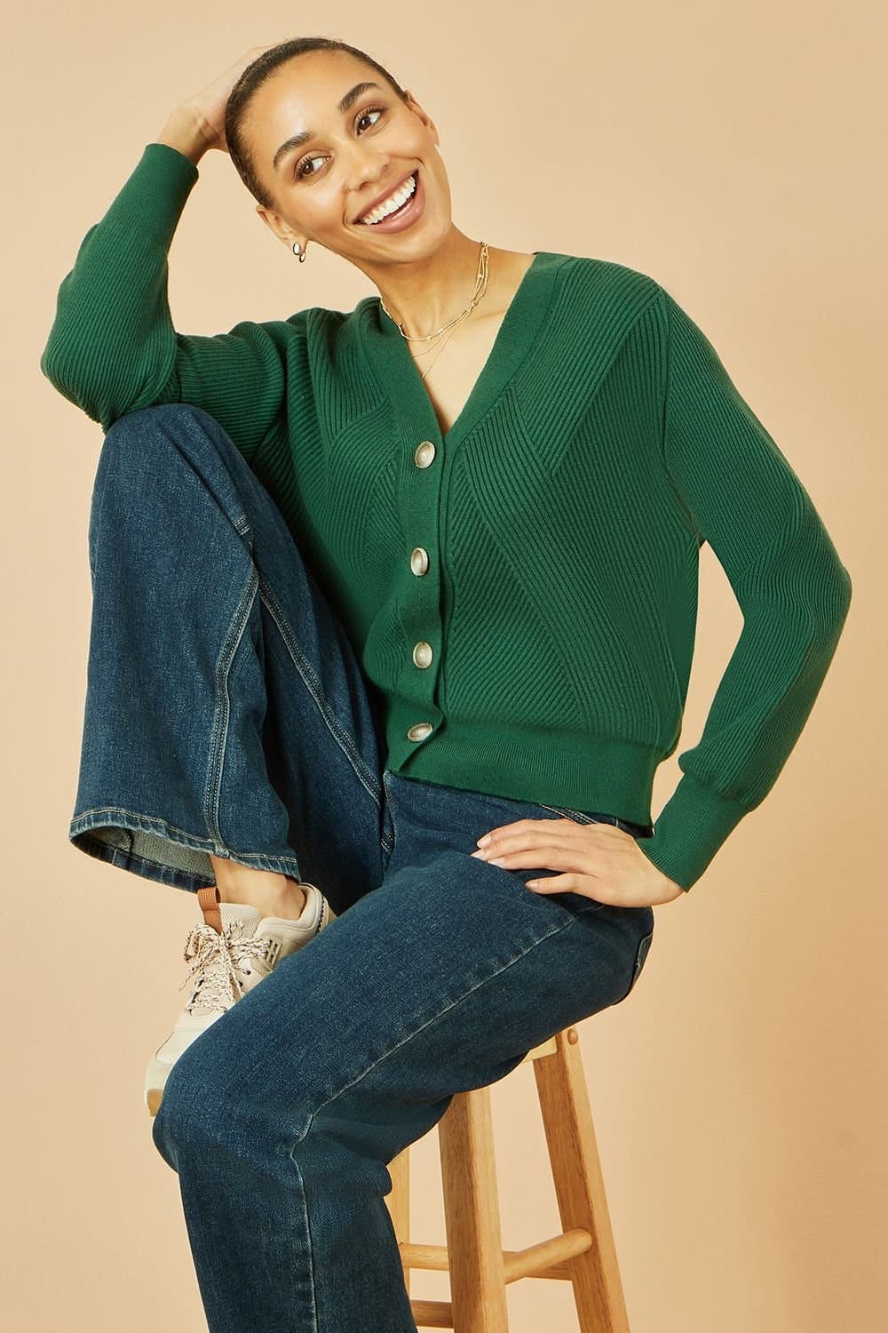 Yumi Yumi Women's Green Relaxed Fit Cardigan With Stitch Detail