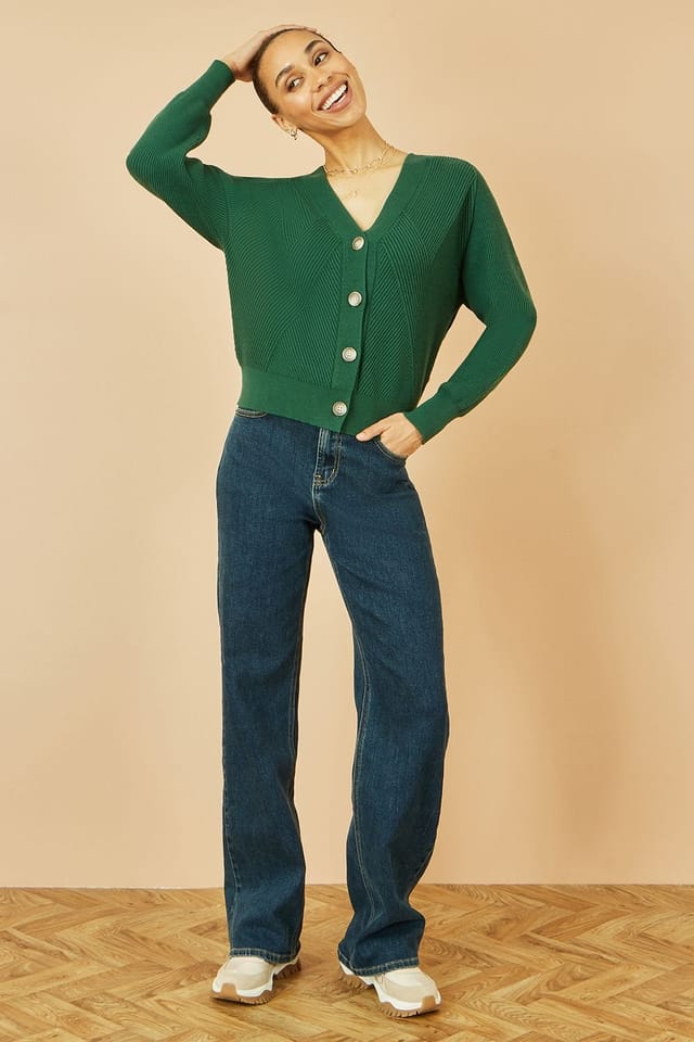 Yumi Yumi Women's Green Relaxed Fit Cardigan With Stitch Detail - 2