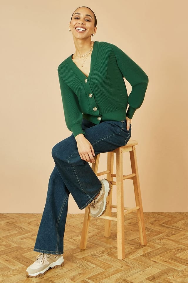 Yumi Yumi Women's Green Relaxed Fit Cardigan With Stitch Detail - 3