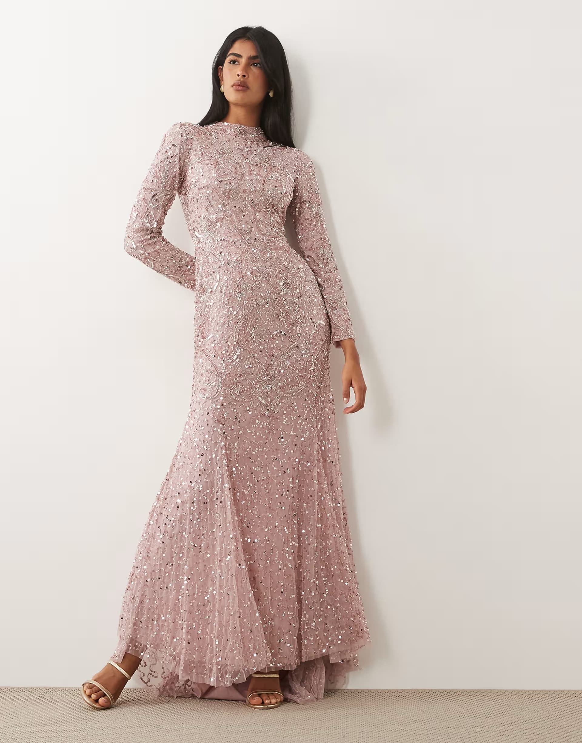 ASOS Beauut embellished long sleeve maxi dress in light pink
