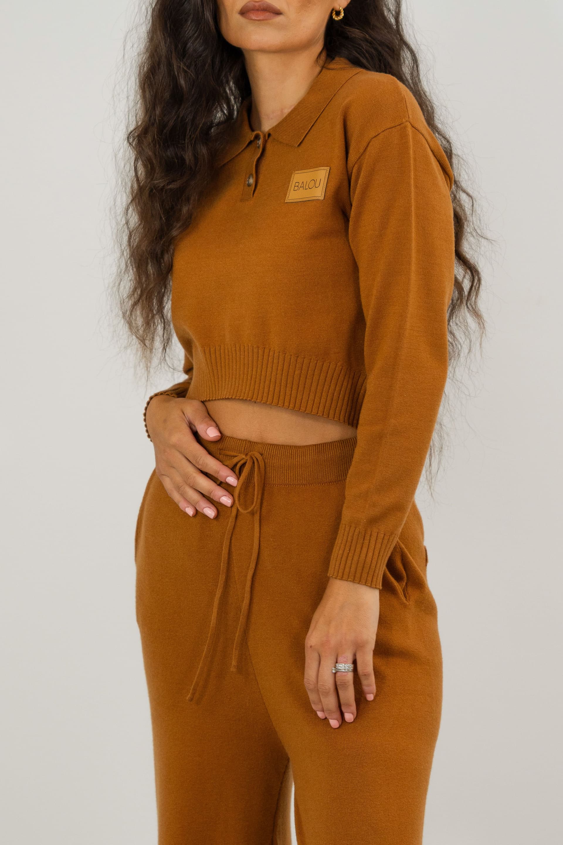 BALOU BALOU Brown Semi Fitted Cropped Knit Polo Top