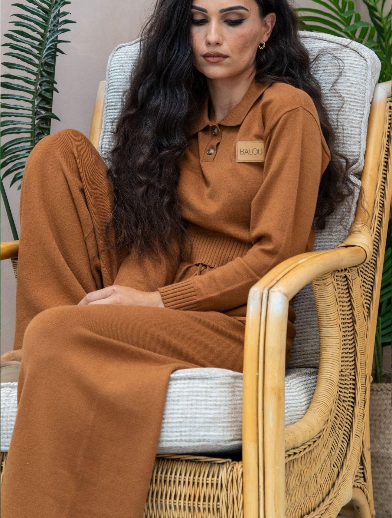 BALOU BALOU Women's Semi Fitted Cropped Knit Polo Top in Brown - 3