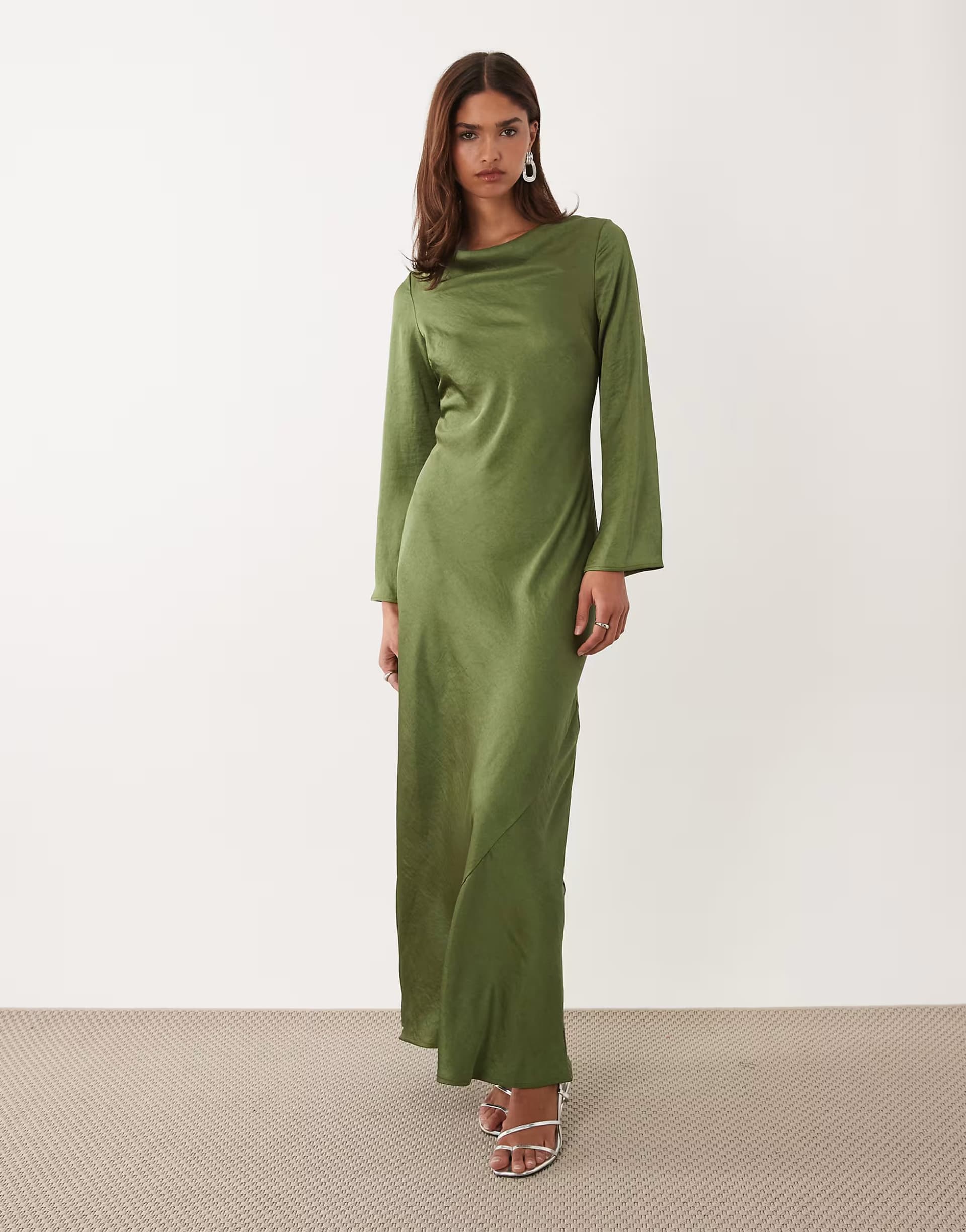 ASOS TFNC satin flared long sleeve maxi dress in olive