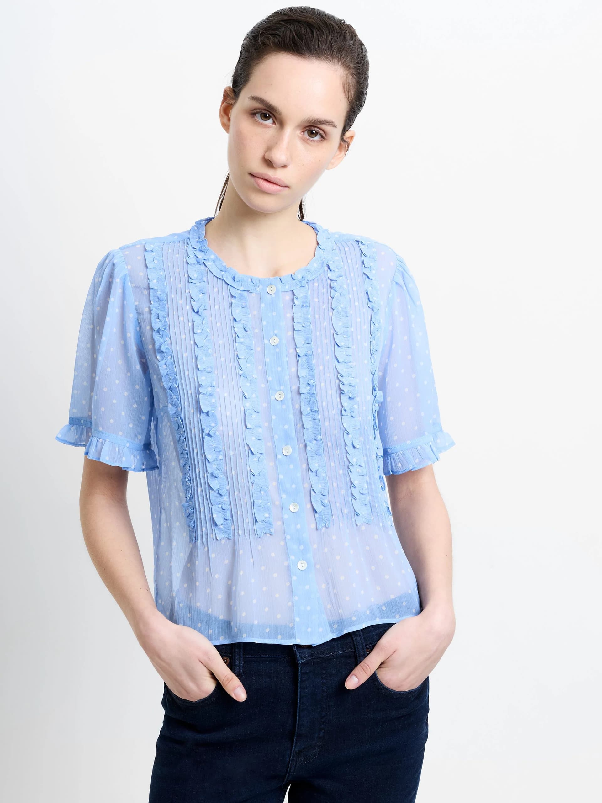 French Connection Polka Dot Short Sleeve Ruffle Blouse Cornflower Blue/white
