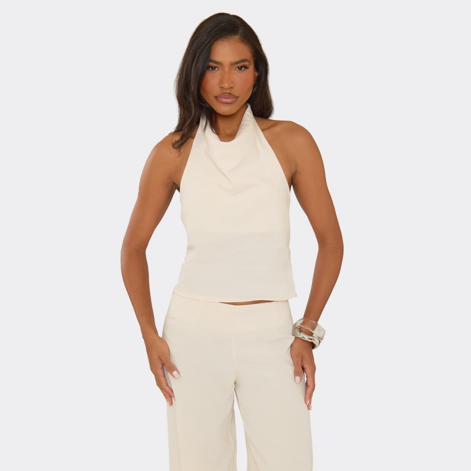 EGO Cowl Halterneck Top In Stone Linen Look, Women's Size UK 6