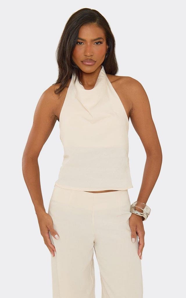 EGO Cowl Halterneck Top In Stone Linen Look, Women's Size UK 6 - 2