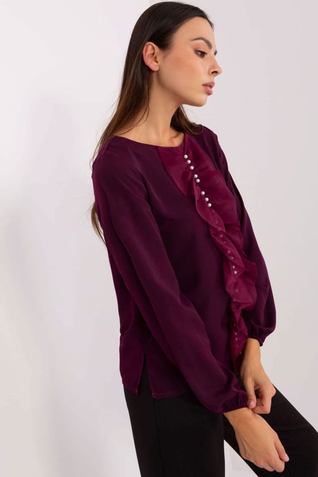 Love Lace Love Lace Women's Elegant Round Neck Ruffle Beaded Blouse in Violet - 2