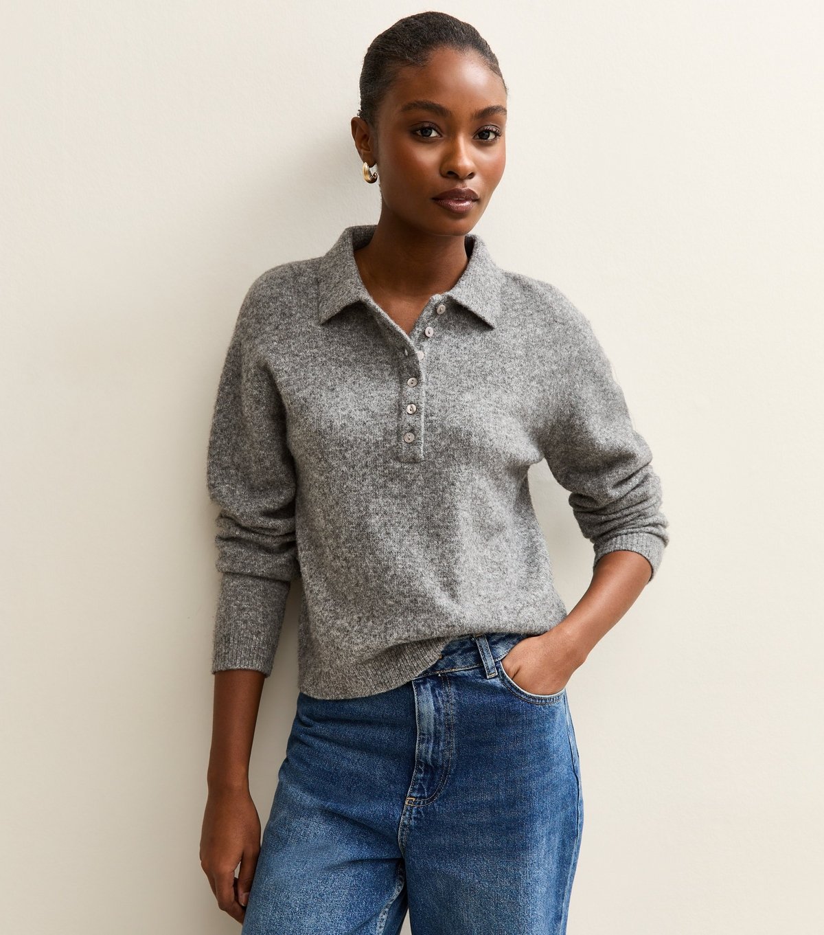 New Look Women's Mid Grey Midweight Knit Polo Jumper New Look - 1