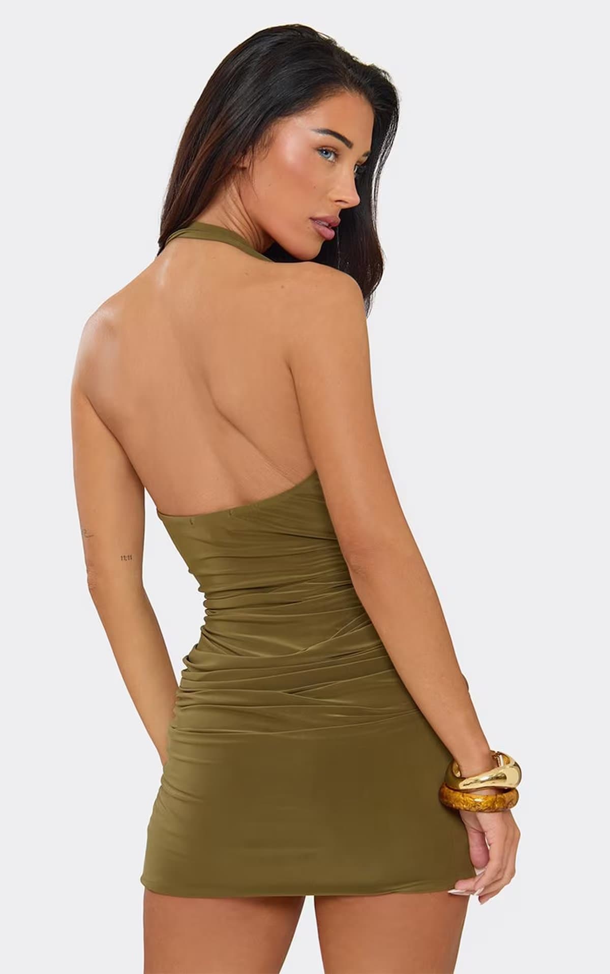 EGO Scoop Neck Trim Detail Drape Front Mini Dress In Khaki, Women's Size UK 6