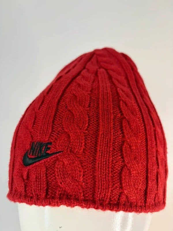 Nike Nike Red Cable Knit Beanie Hat Reversible Black Logo Winter Knit Cap One Size - 1