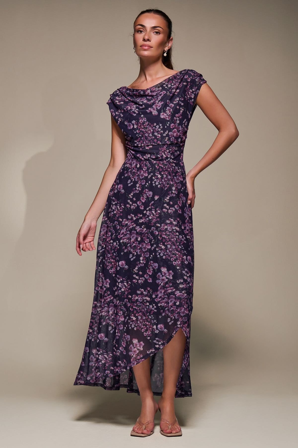 Jolie Moi Jolie Moi Women's Asymmetric Draped Mesh Maxi Dress - 4