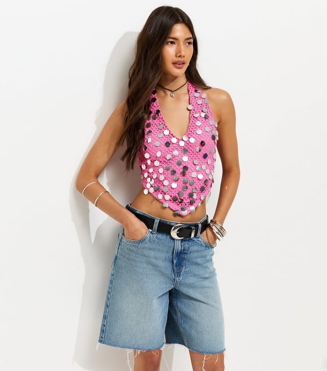 New Look Women's Bright Pink Festival Sequin Halter Top New Look - 2