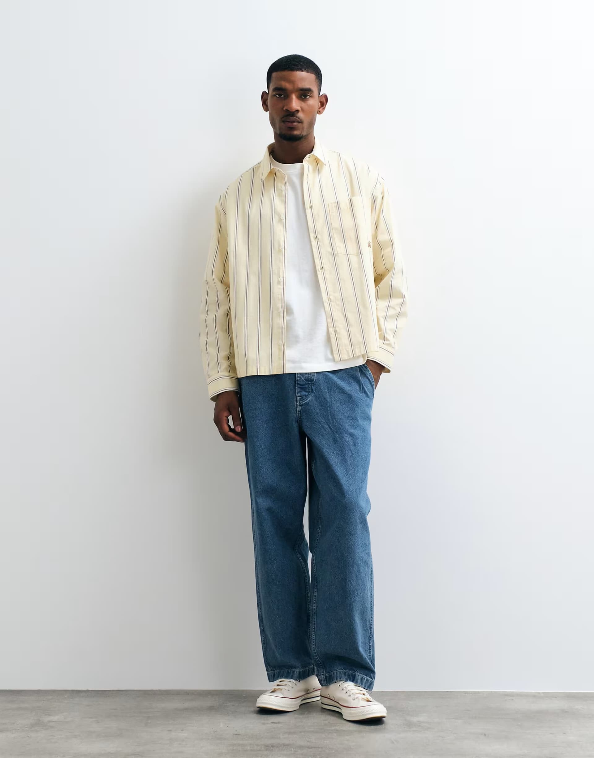 ASOS ASOS DESIGN boxy oversized stripe poplin revere shirt with embroidery in yellow