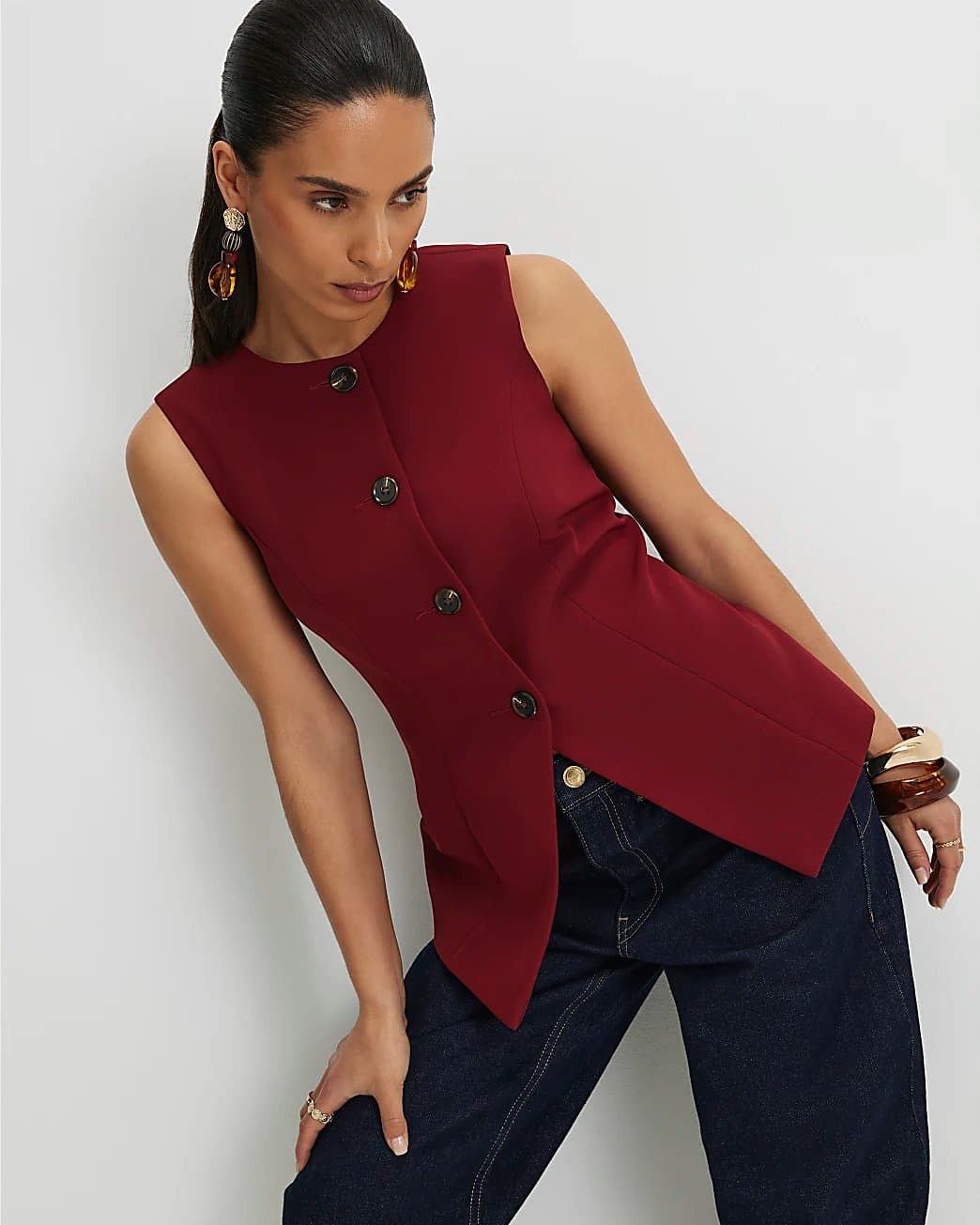 River Island River Island Womens Petite Red Sleeveless Button Detail Waistcoat
