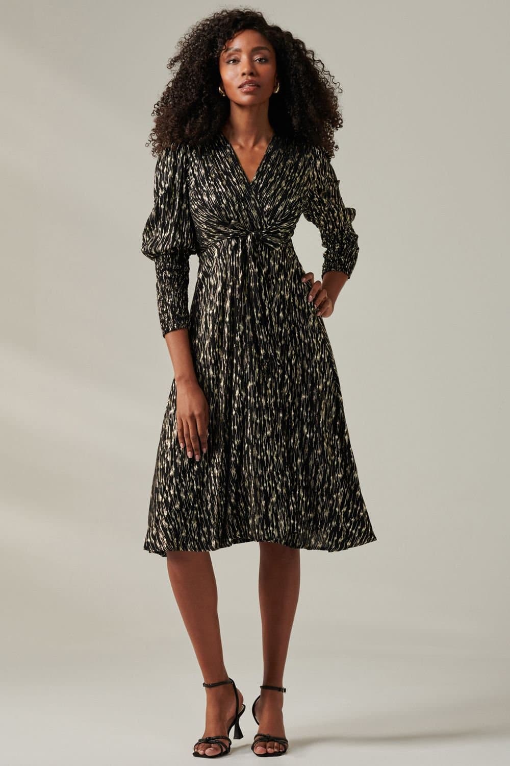 Jolie Moi Jolie Moi Women's Layla Long Sleeve Metallic Wrap Dress in Black
