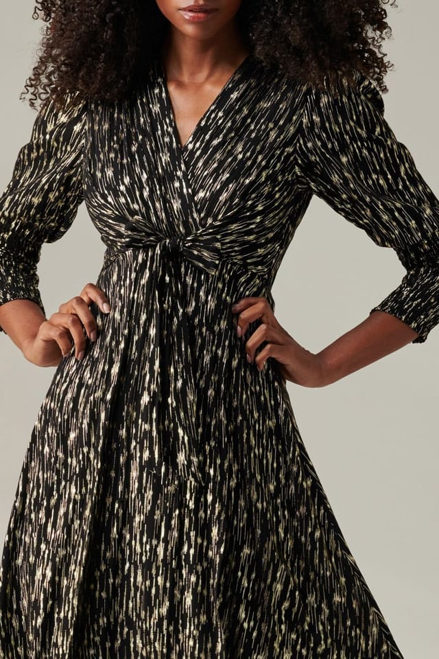 Jolie Moi Jolie Moi Women's Layla Long Sleeve Metallic Wrap Dress in Black - 3