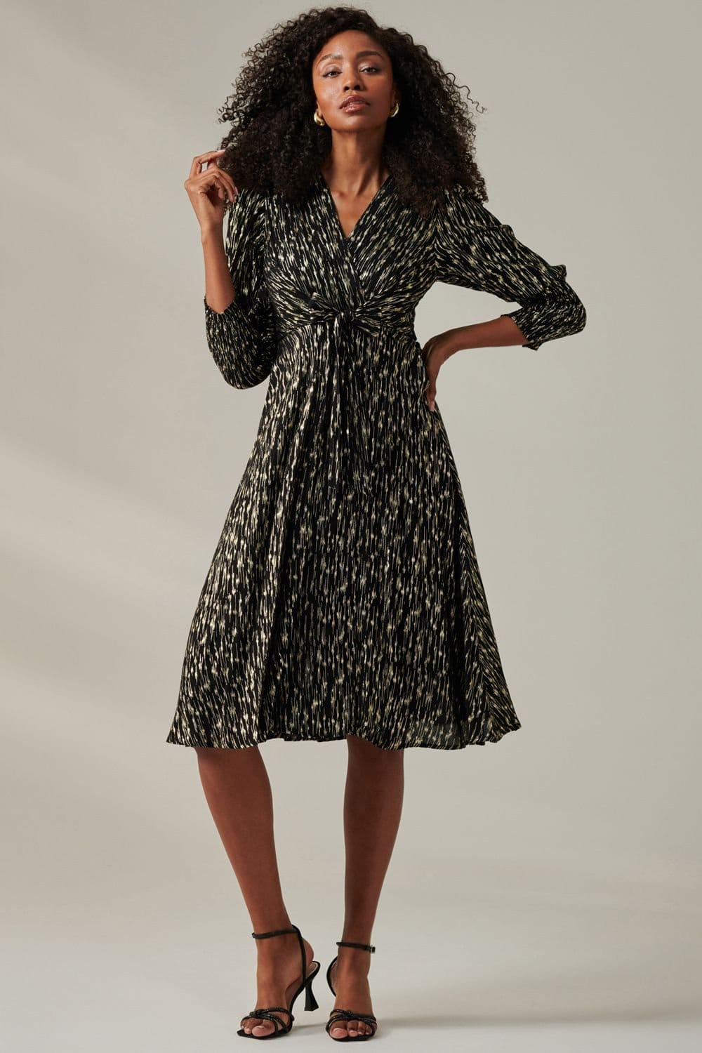 Jolie Moi Jolie Moi Women's Layla Long Sleeve Metallic Wrap Dress in Black - 4