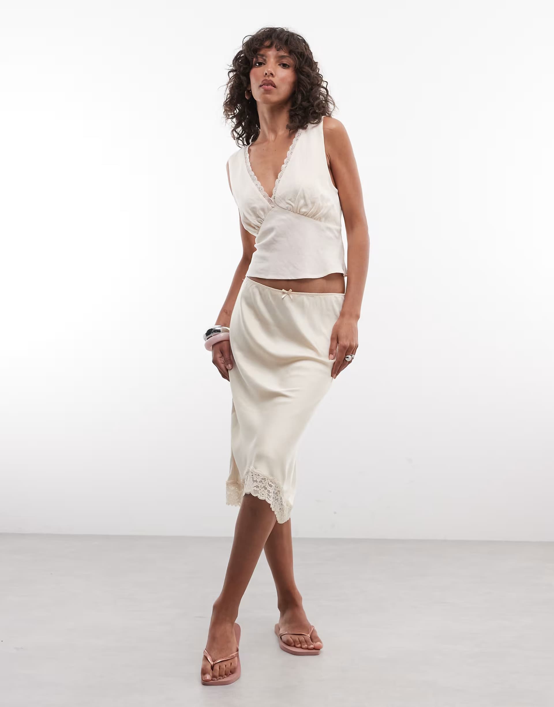 ASOS Monki satin look lace midi skirt in beige