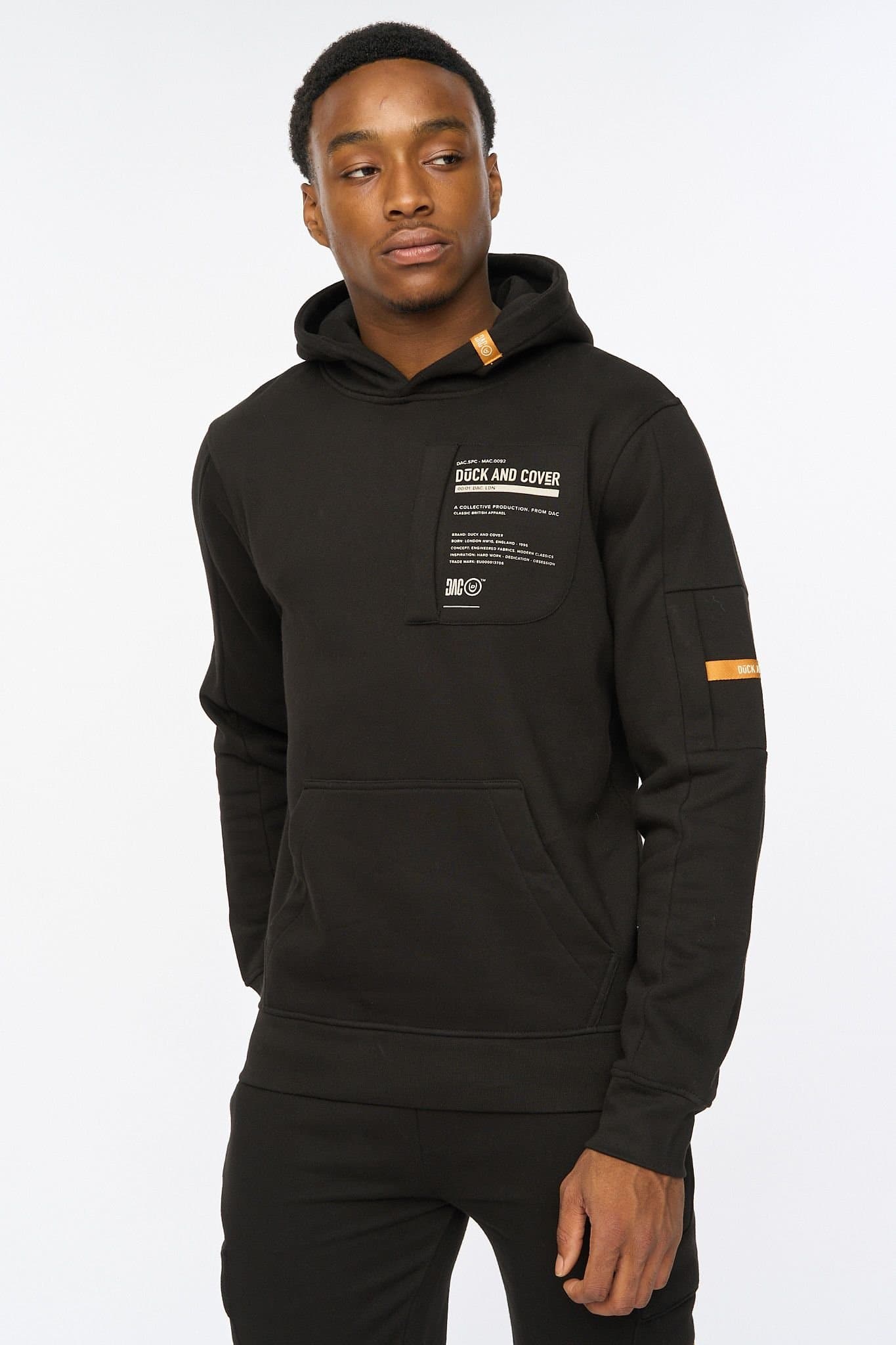 Duck&Cover Duck&Cover Men's Adamsberg Men's Carbon Fleece Hoodie - Technical Zip Sleeve Pocket & Webbed Branding Detail in Black