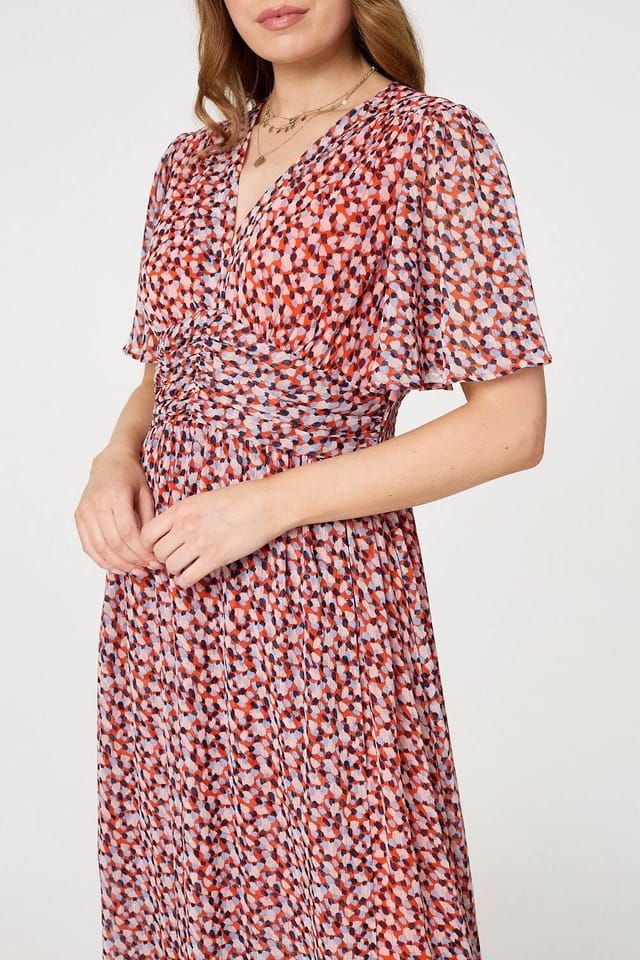 Izabel London Izabel London Women's Printed 1/2 Sleeve Ruched Midi Dress in Orange - 2