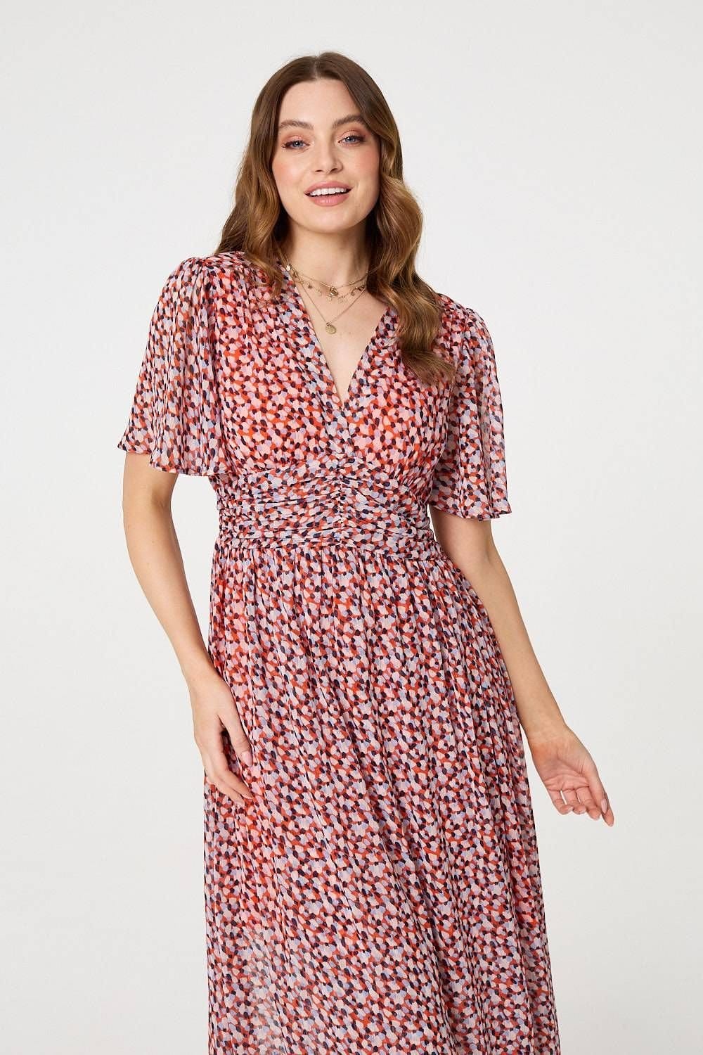 Izabel London Izabel London Women's Printed 1/2 Sleeve Ruched Midi Dress in Orange - 4
