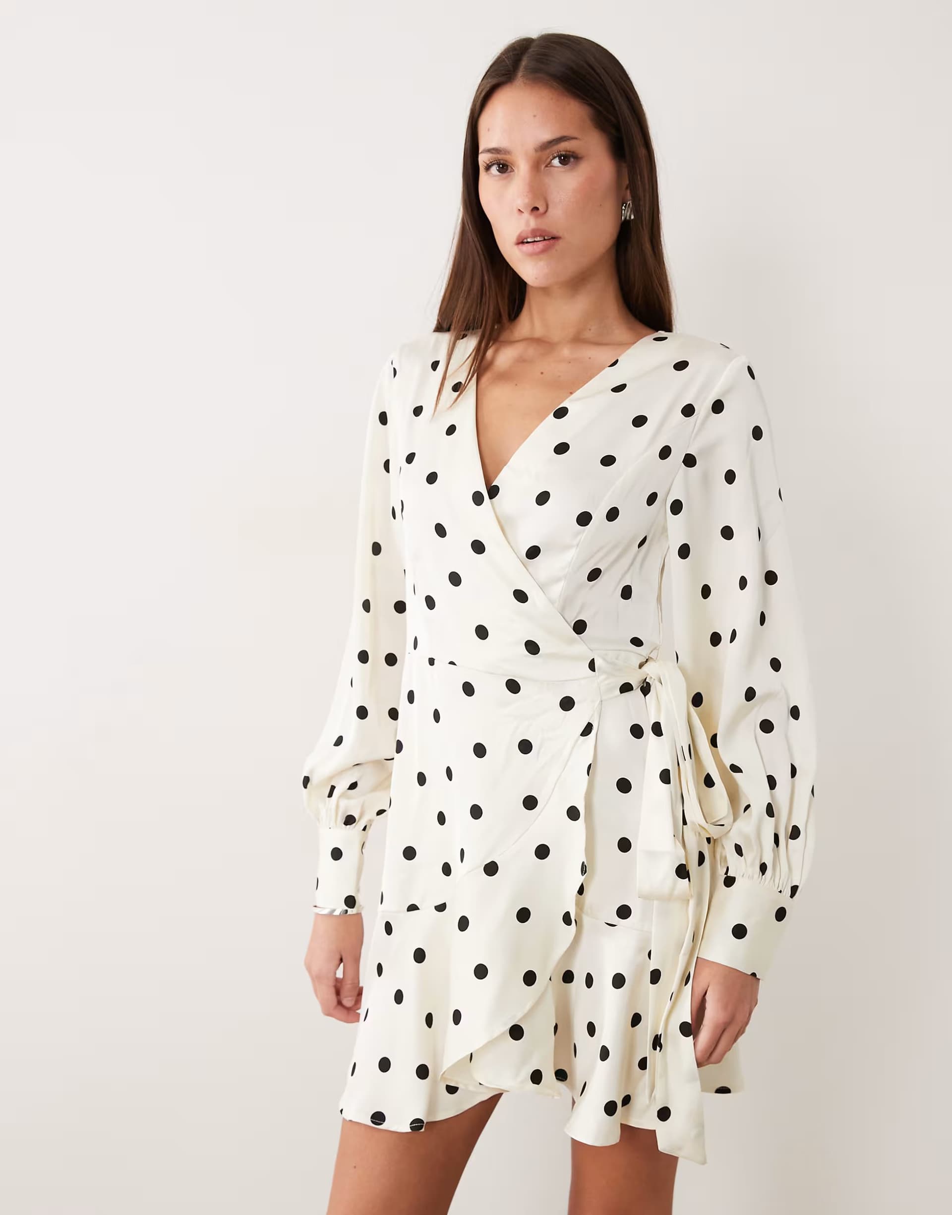 ASOS Vila long sleeve satin wrap mini dress in cream polka dot