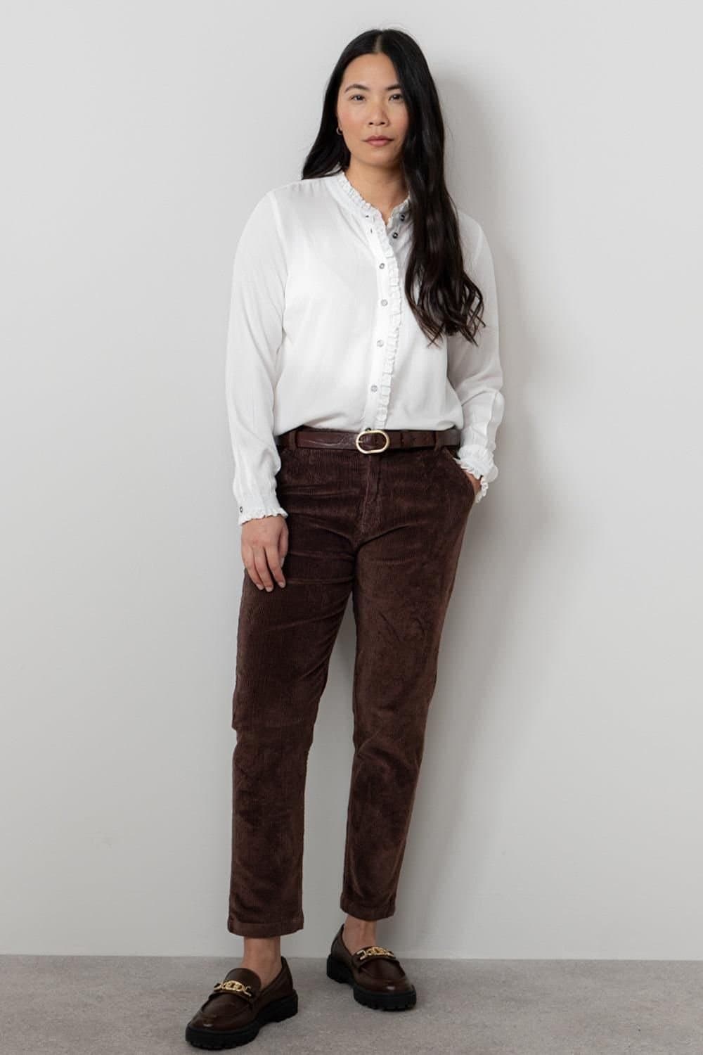 Lily & Me Lily & Me Women's Brookend Stretch Jumbo Cord Tapered Leg Trousers in Chocolate