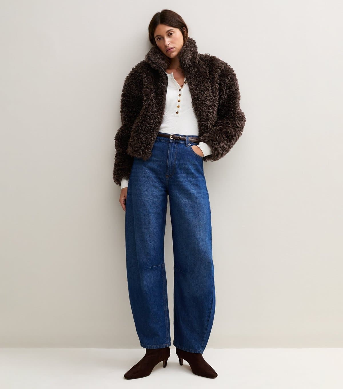 New Look Women's Dark Brown Curly Texture Faux Fur Jacket New Look