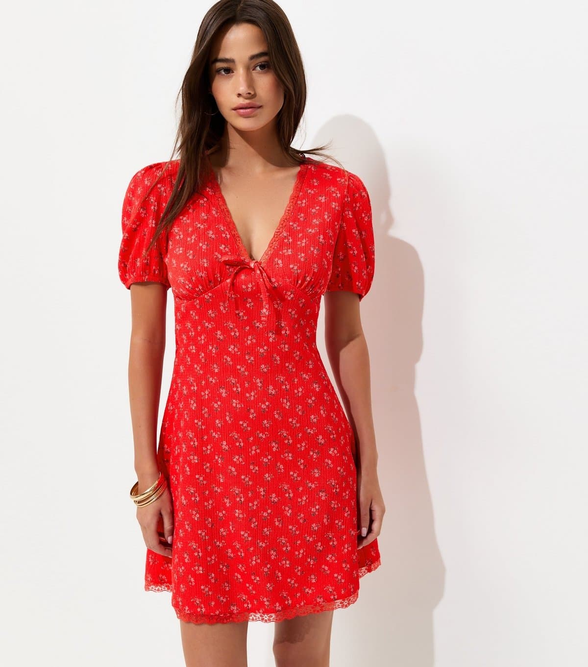 New Look Women's Red Ditsy Floral Short Sleeve Mini Dress New Look