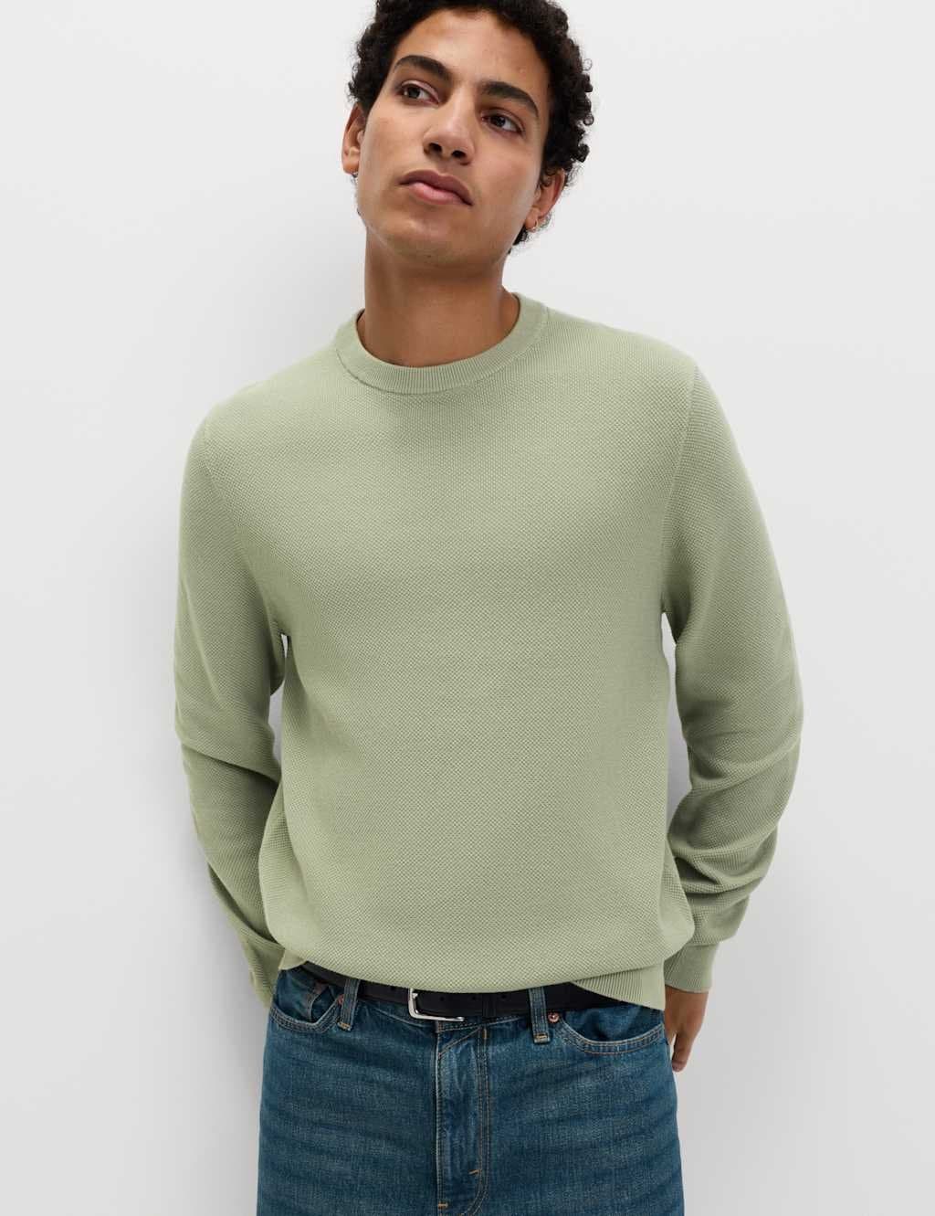 Marks & Spencer M&S Pure Cotton Textured Crew Neck Jumper Pistachio