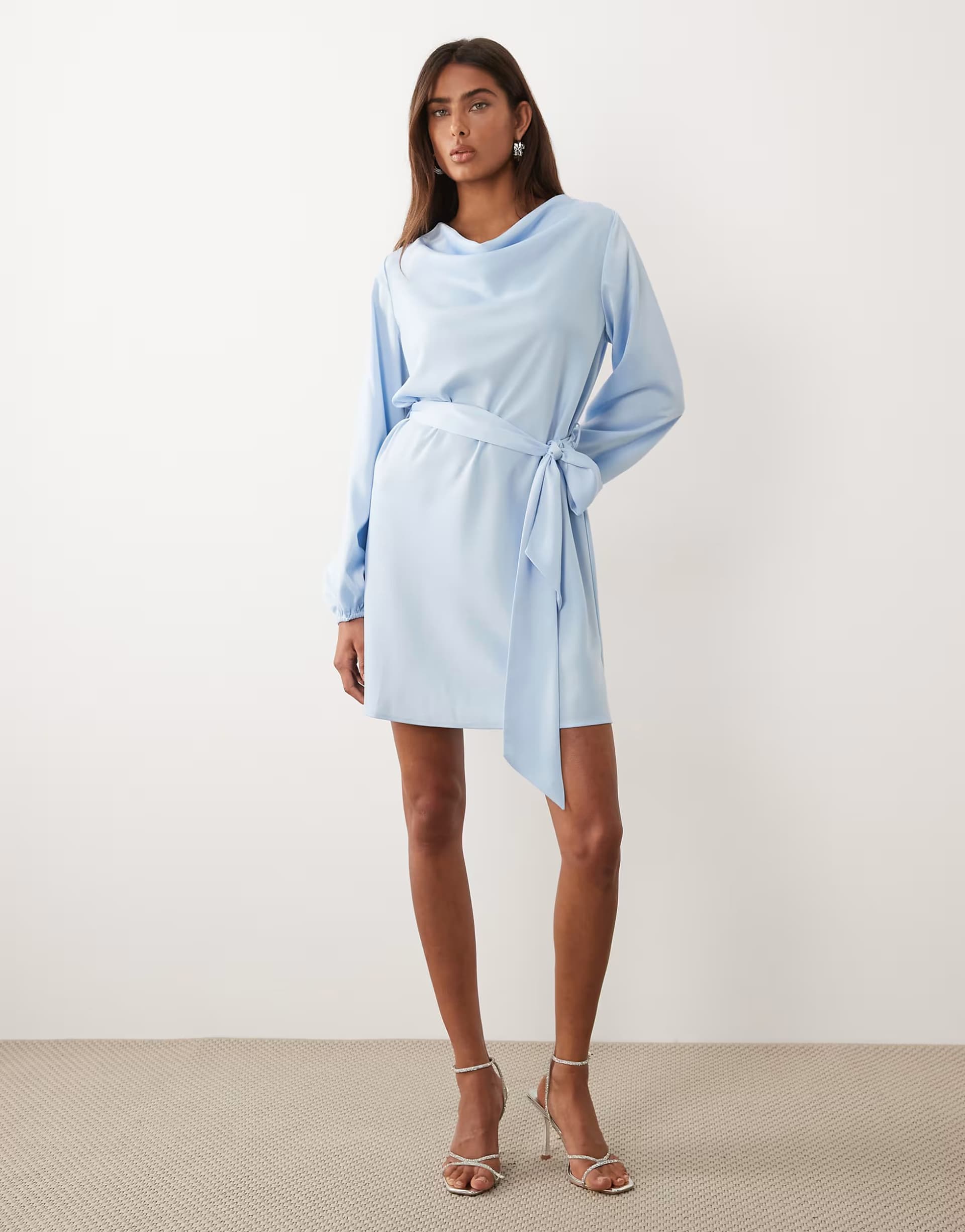 ASOS YAS high neck long sleeve satin mini dress in skyway blue