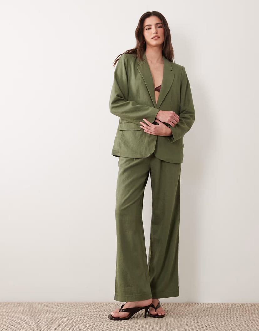 ASOS Vila linen blend tailored blazer and trouser set in olive green - 1