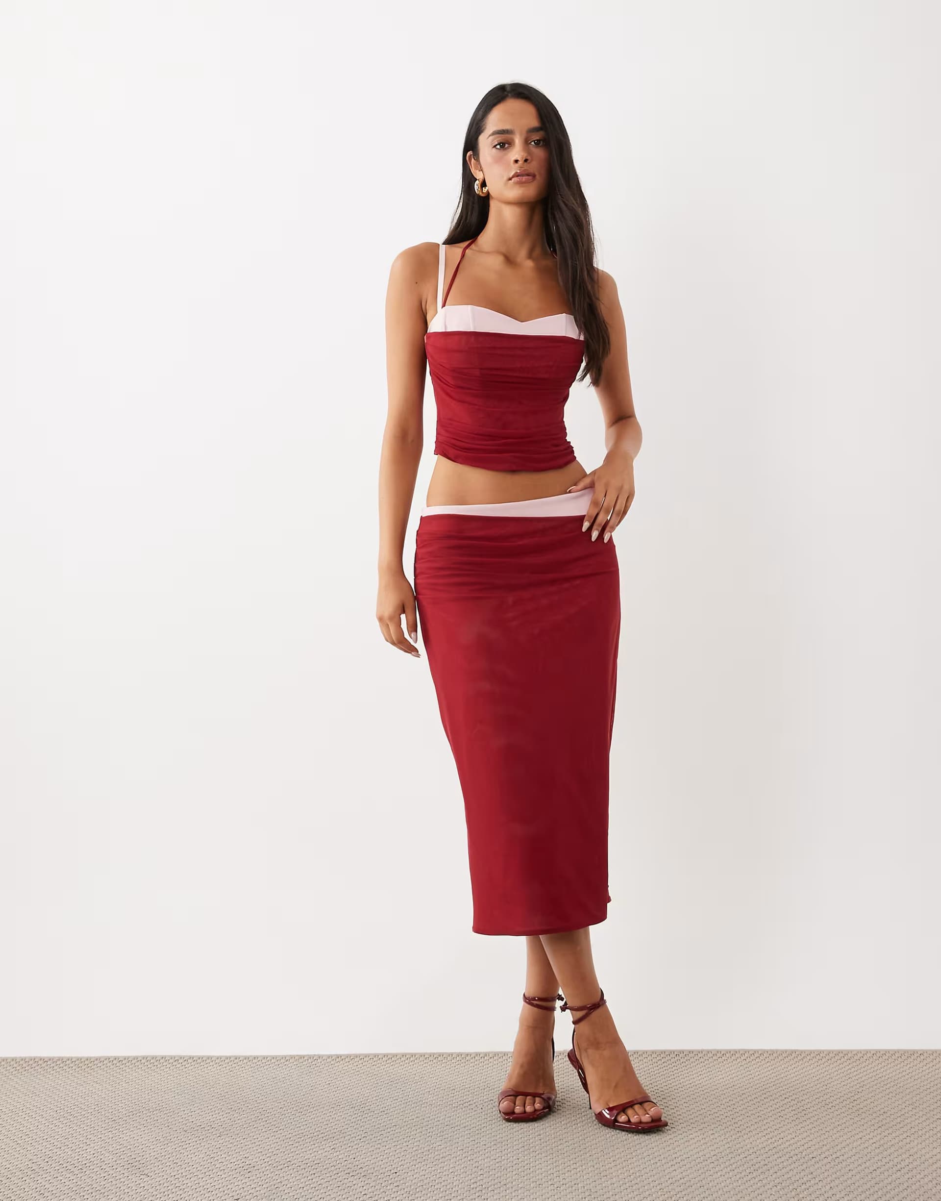 ASOS Tiger Mist Caline strappy peakaboo ruched mesh overlay corset top and midi skirt co-ord in red and baby pink