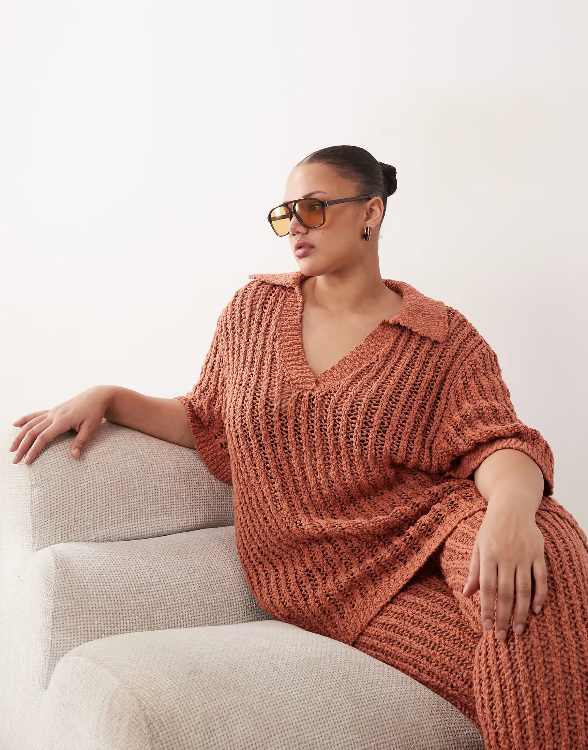 ASOS ARRANGE Curve crochet collared top co ord in terracotta