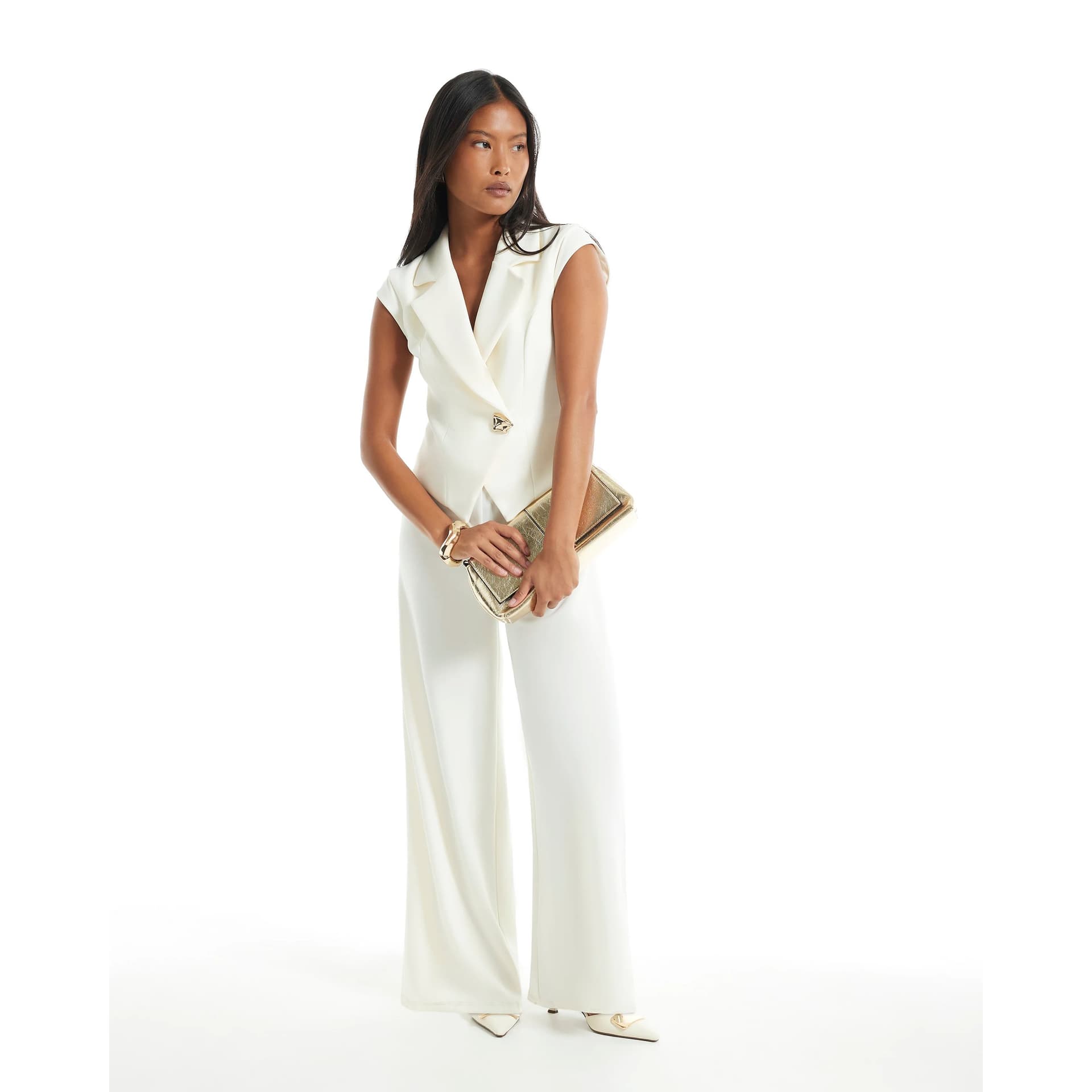 River Island River Island Womens Petite Cream Cap Sleeve Jumpsuit