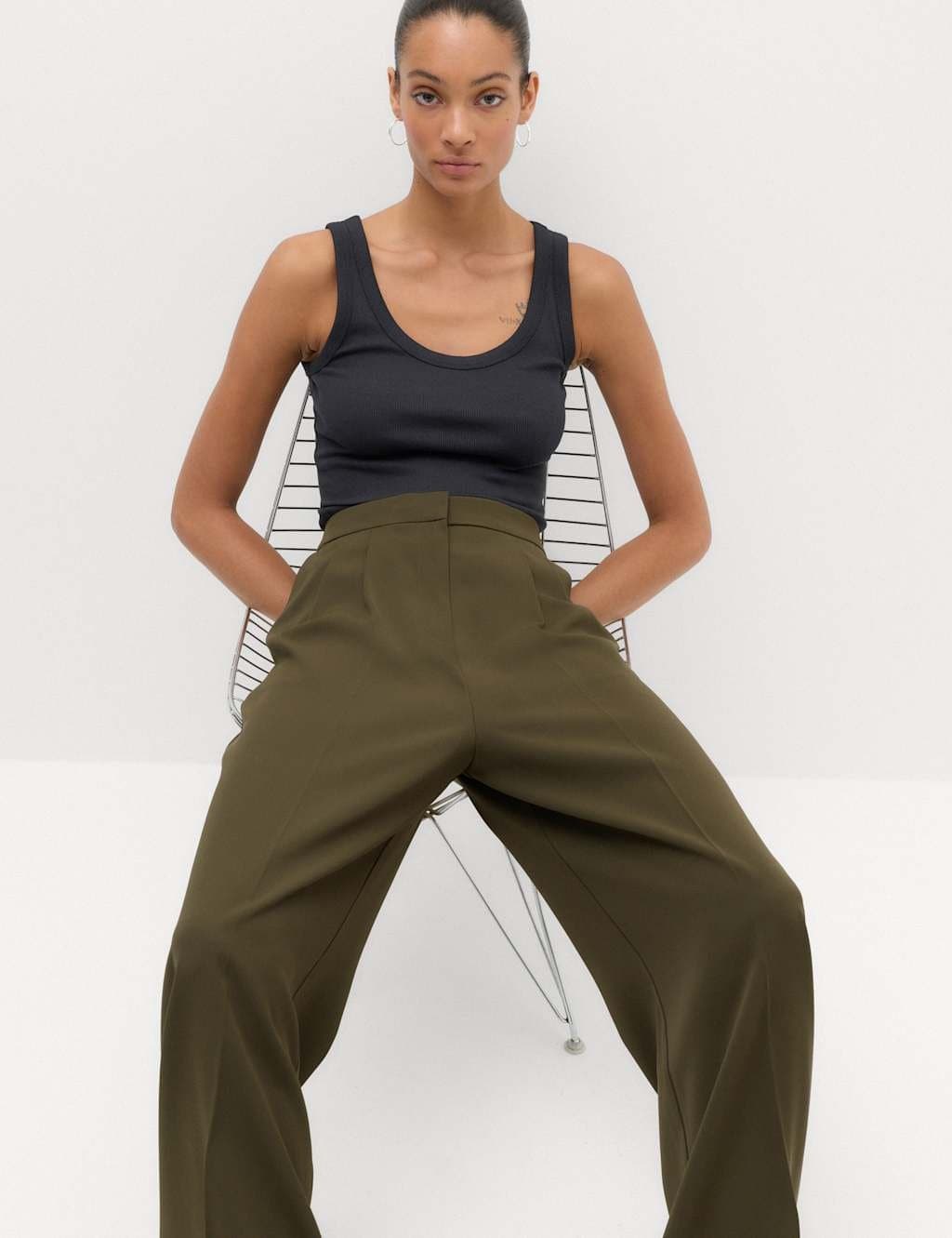 Marks & Spencer M&S Pleated Wide Leg Trousers Dark Green