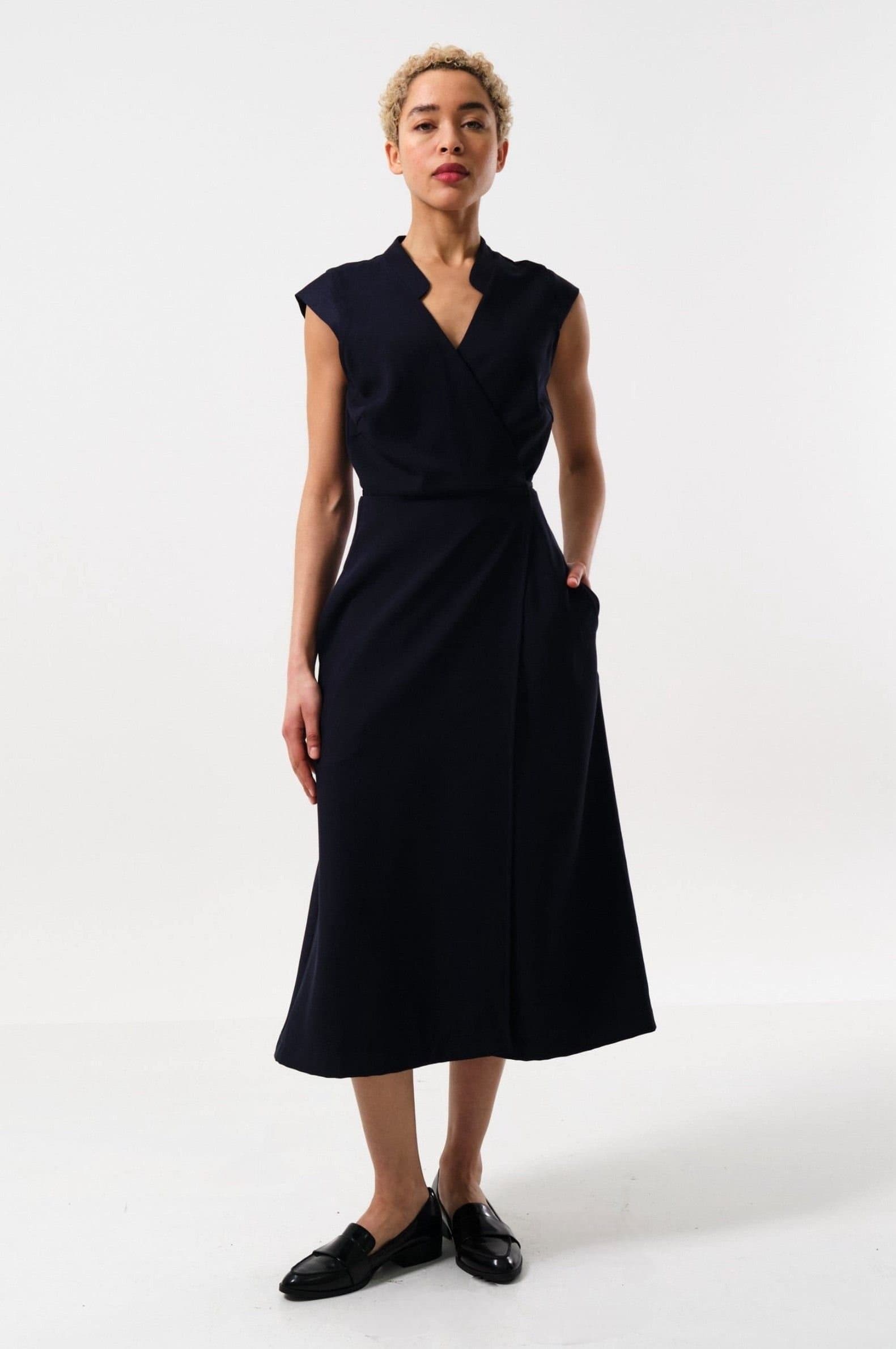 Louche Louche Women's Urbain Satin Back Crepe Wrap Midi Dress - Navy in Blue