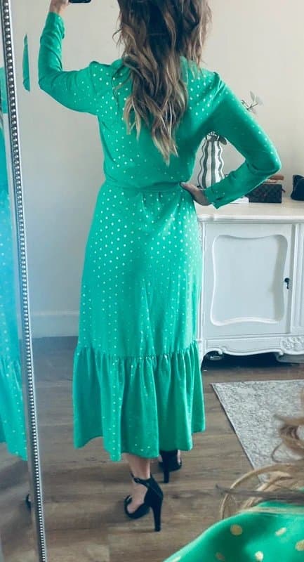 Never Fully Dressed Never Fully Dressed green gold polka dot ruffle wrap midi dress size 10