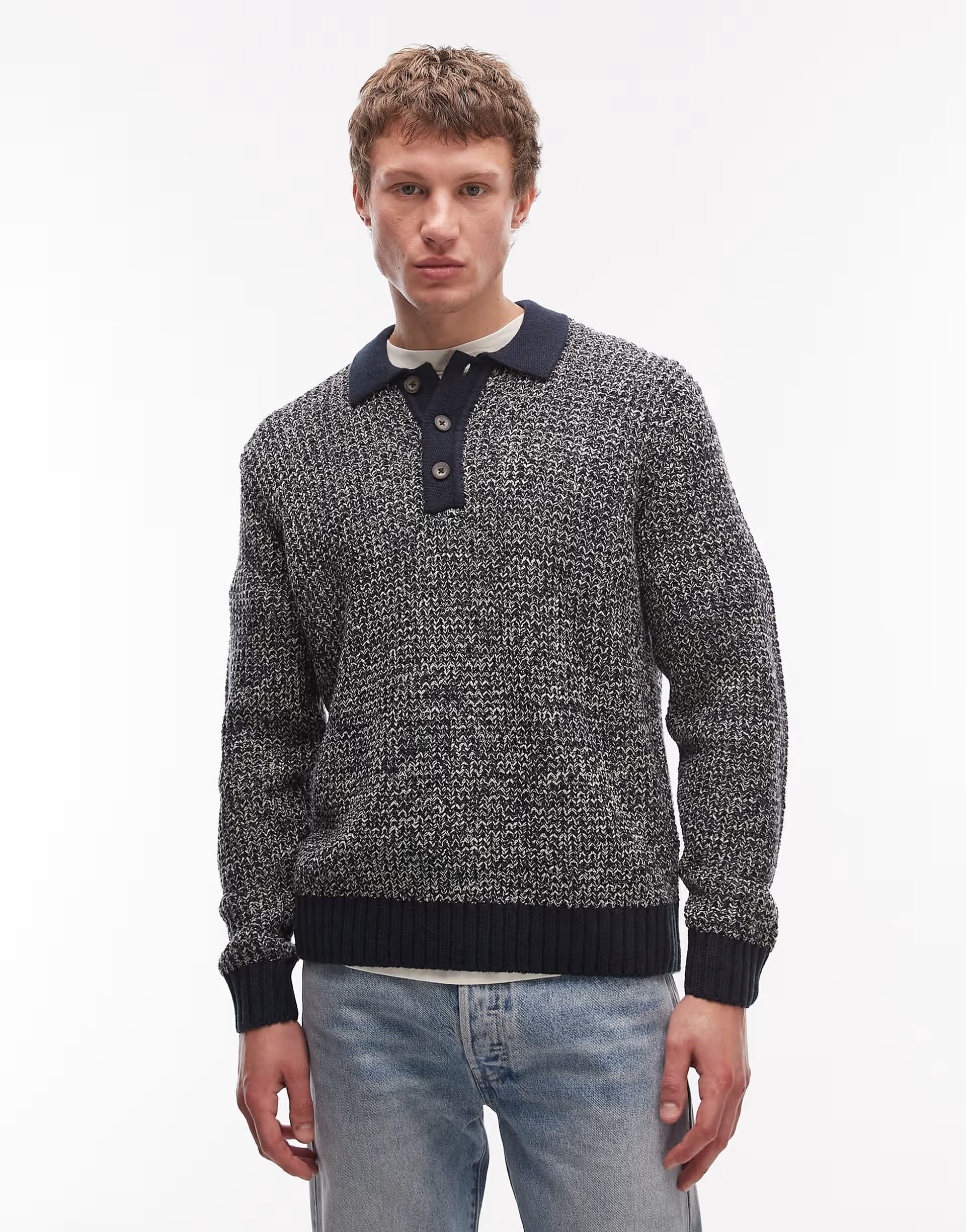 ASOS Navy Melange Knit Jumper with Contrast Collar