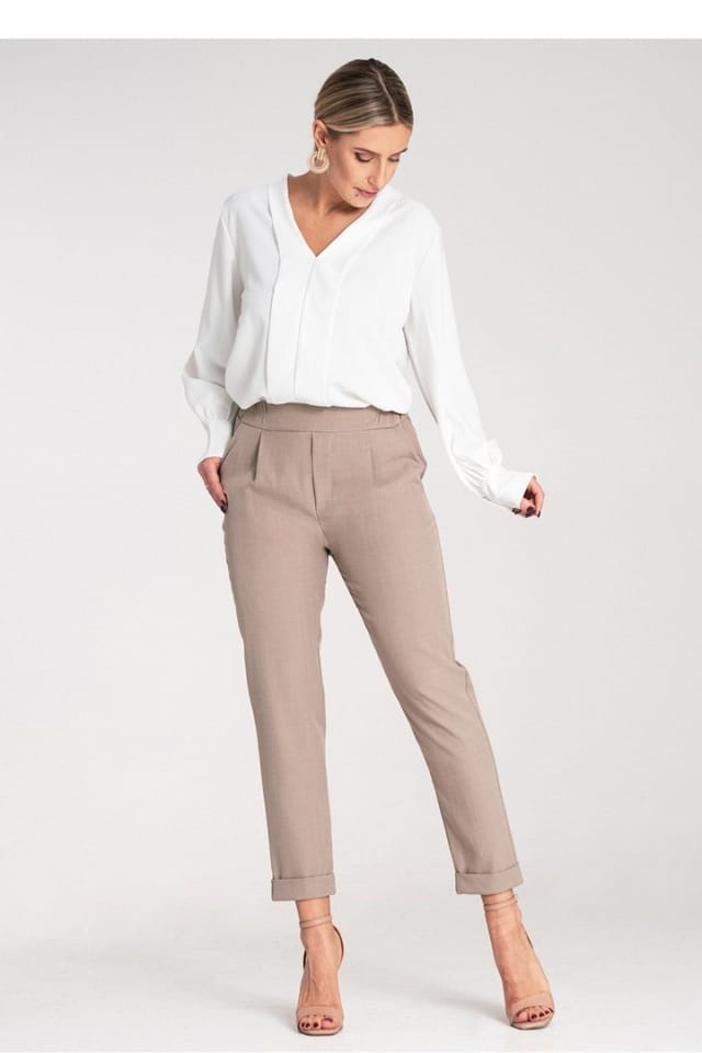 Love Lace Love Lace Women's Elegant Fitted High Waist Trousers with Cuffs in Beige - 2